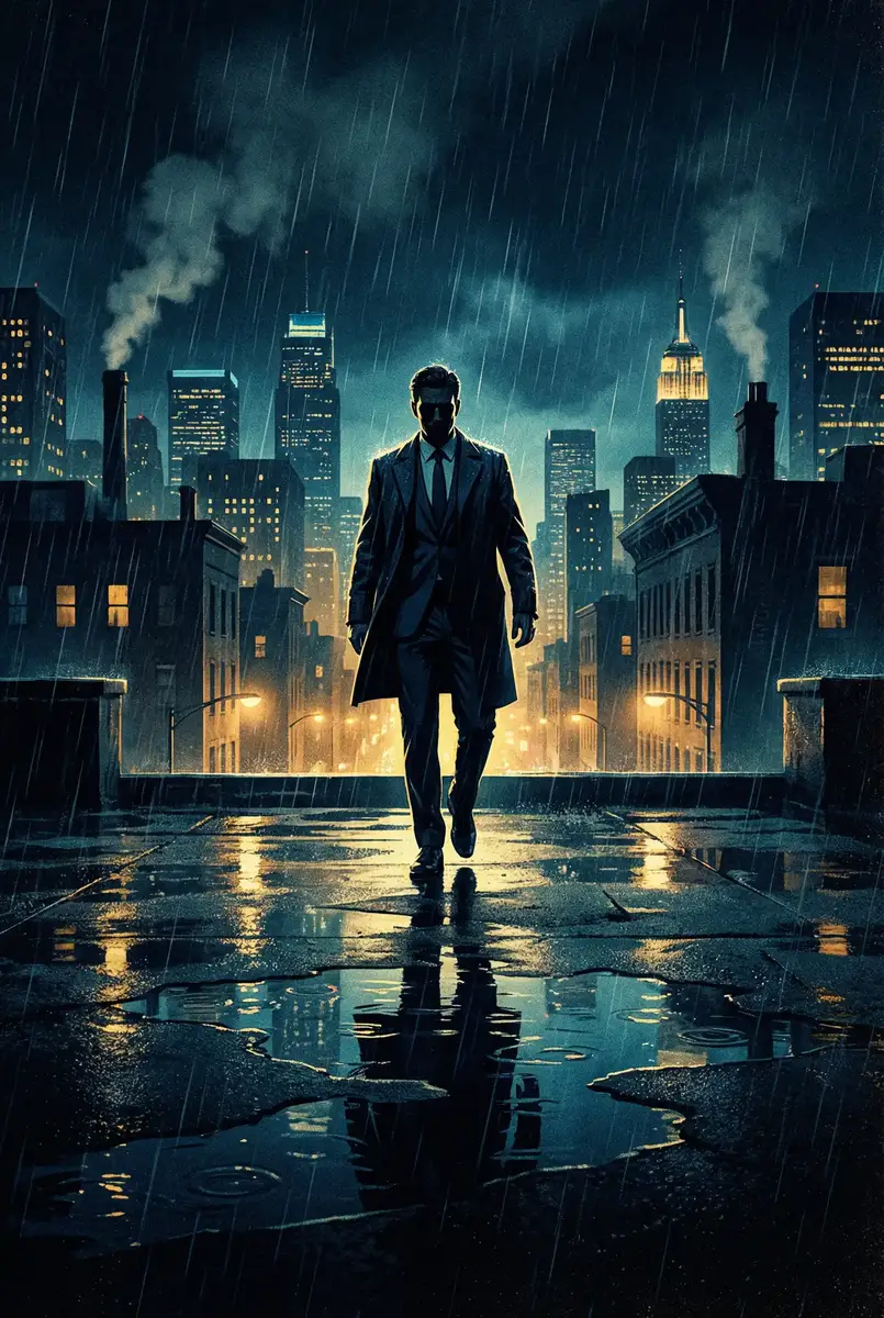 萌新小厨娘泰剧在线观看 出品影片《雨夜独行者》海报，雨中城市屋顶男性剪影